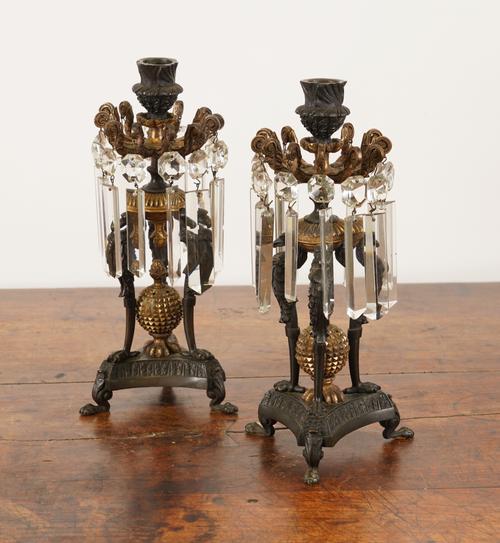 A PAIR OF REGENCY STYLE GILT AND PATINATED METAL TABLE LUSTRES OR CANDLESTICKS (2)