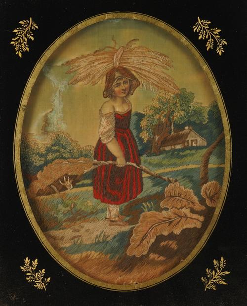 A PAIR OF REGENCY SILK AND WOOLWORK PICTURES DEPICTING TWO GILRS (2)