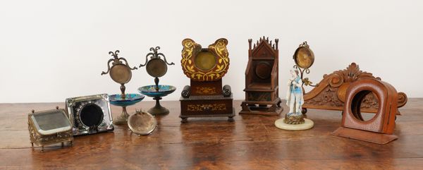 A COLLECTION OF NOVELTY POCKET WATCH HOLDERS INCLUDING ONE MODELLED AS THE CORONATION CHAIR (10)