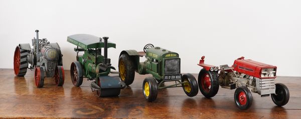 FOUR TIN-PLATE AGRICULTURAL VEHICAL MODELS INCLUDING A 1931 JOHN DEERE TRACTOR (4)