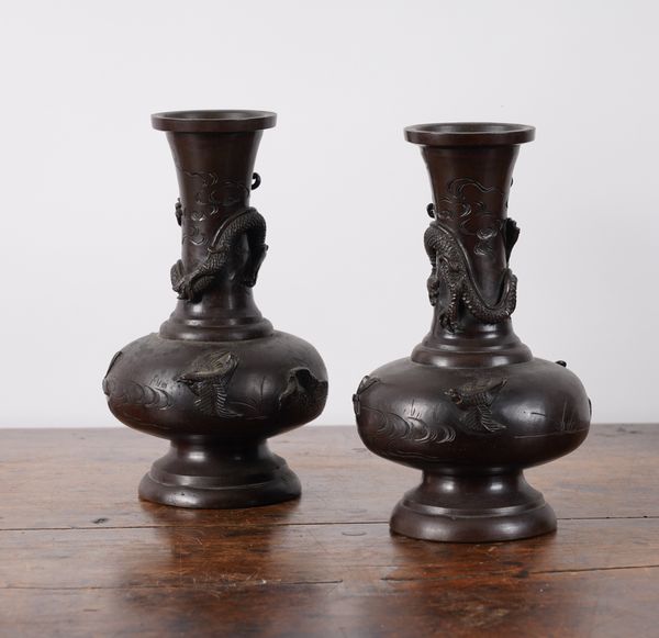 A PAIR OF ASIAN BRONZE BALUSTER VASES (2)