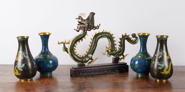 A CLOISONNE DRAGON AND TWO PAIRS OF VASES (5)