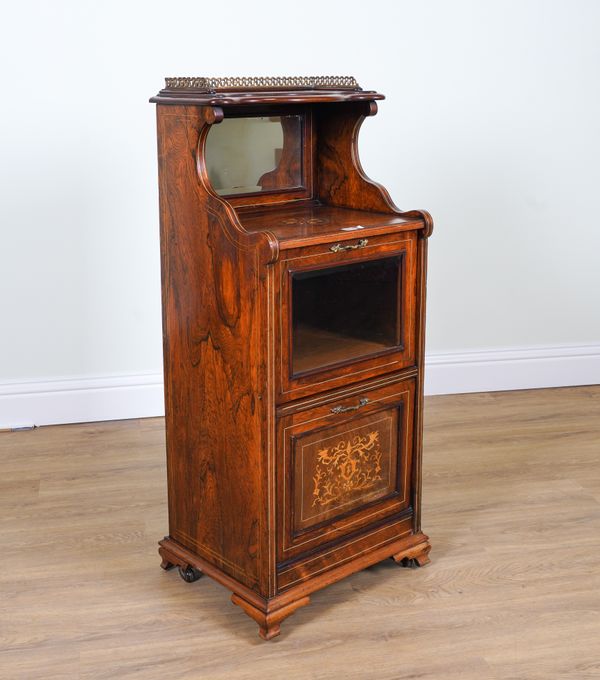 A LATE VICTORIAN MARQUETRY INLAID ROSEWOOD SIDE CABINET