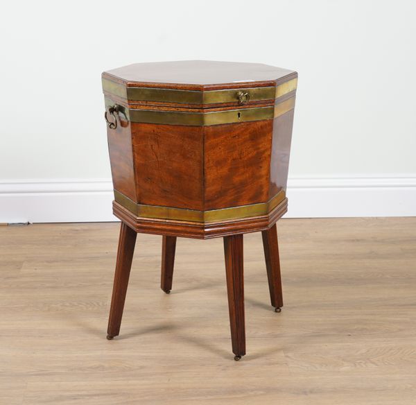 A GEORGE III BRASS BOUND MAHOGANY OCTAGONAL WINE COOLER ON STAND