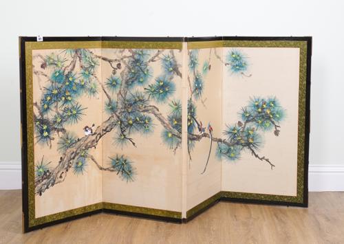A JAPANESE FOUR FOLD PAINTED SILK SCREEN