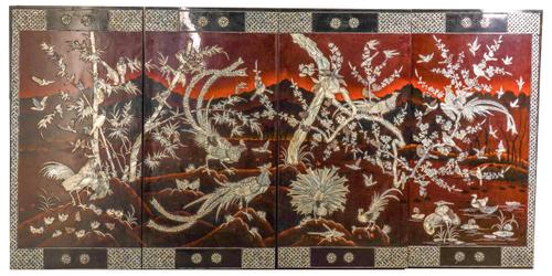 A SET OF FOUR CHINESE LACQUERED AND MOTHER-OF-PEARL WALL PANELS (4)