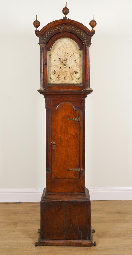 A GEORGE III OAK LONGCASE CLOCK WITH LATER WHITE PAINTED ARCHED DIAL