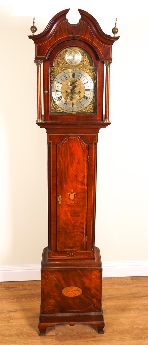A GEORGE III BOXWOOD OUTLINED AND INLAID LONGCASE CLOCK