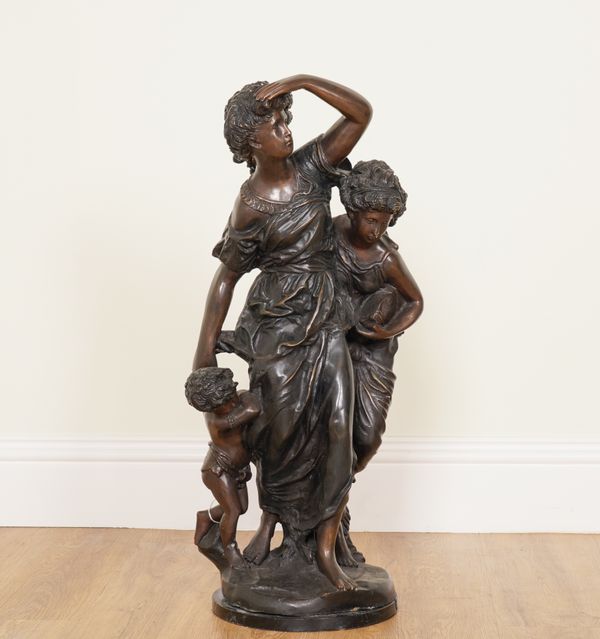 AFTER MATHURIN MOREAU: A BRONZE FIGURAL SCULPTURE OF A WOMAN AND HER CHILDREN