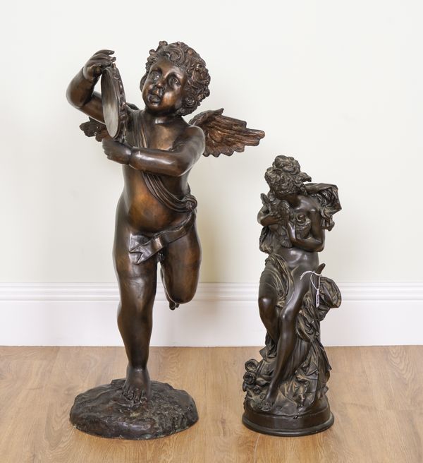 AFTER CARRIER-BELLEUSE (FRENCH 1824-1887): A CAST METAL FIGURAL SCULPTURE OF VENUS AND DOVES; TOGETHER WITH ANOTHER SCULPTURE (2)