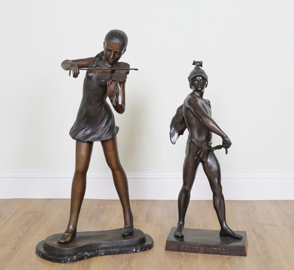 A BRONZE SCULPTURE OF A VIOLINIST AND ANOTHER CAST METAL SCULPTURE OF AN ANCIENT WARRIOR (2)