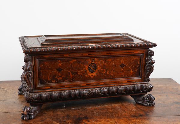 A 19TH CENTURY ITALIAN INLAID WALNUT CASSSONE