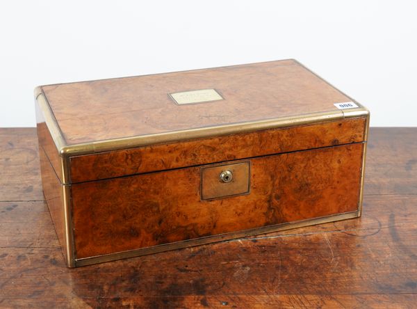 A VICTORIAN BRASS MOUNTED WALNUT WRITING SLOPE