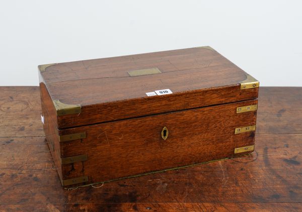 A 19TH CENTURY BRASS BOUND OAK WRITING SLOPE