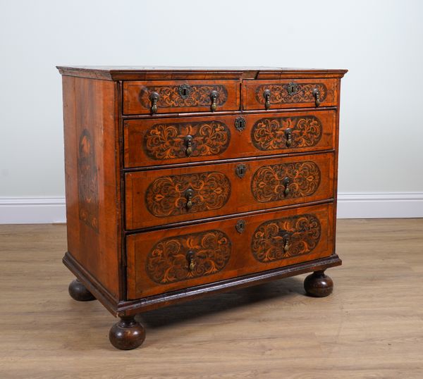 A WILLIAM & MARY WALNUT MARQUETRY INLAID FIVE DRAWER CHEST