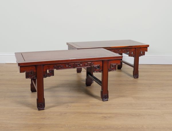 A PAIR OF CHINESE HARDWOOD AND BURR WOOD LOW TABLES (2)