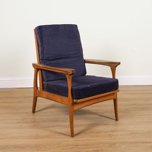 A 20TH CENTURY DESIGN TEAK OPEN ARMCHAIR