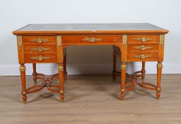 AN EMPIRE REVIVAL ORMOLU MOUNTED BURR WALNUT AND SATINWOOD BUREAU PLAT