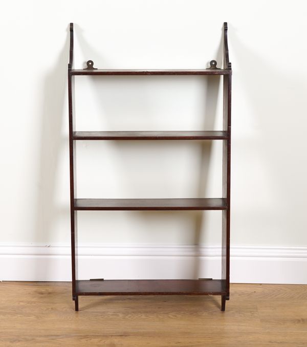 A SET OF 19TH CENTURY MAHOGANY HANGING FOUR TIER SHELVES