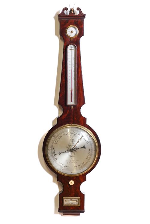 BERLOTTI & GUGERI, LONDON: A MAHOGANY CASED BANJO BAROMETER/THERMOMETER