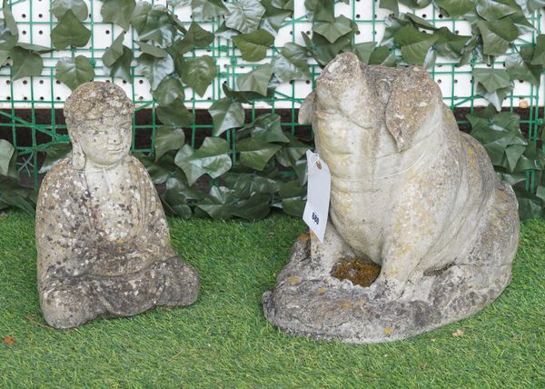 A COMPOSITE STONE GARDEN PIG AND A SEATED BUDDHA (2)