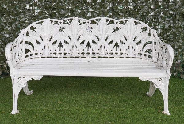 AFTER COALBROOKDALE; A LILY OF THE VALLEY PATTERN WHITE PAINTED  ALUMINIUM GARDEN BENCH