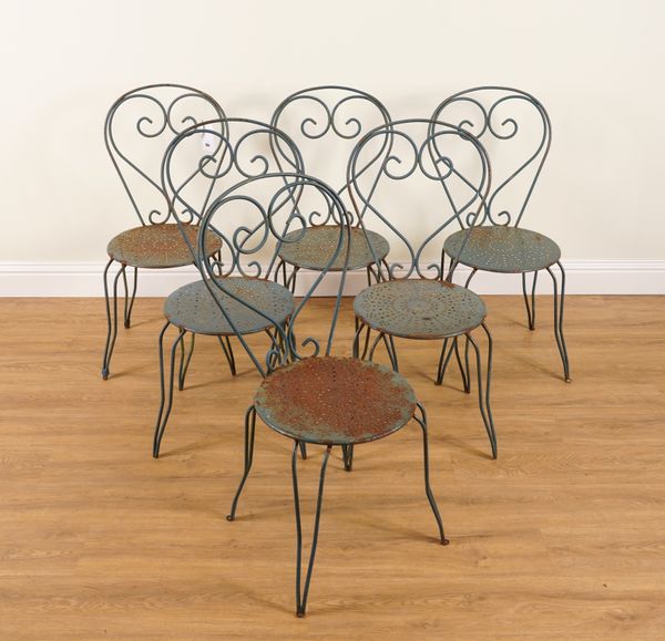 A SET OF SIX GREEN PAINTED WROUGHT IRON CAFE STYLE GARDEN CHAIRS (6)