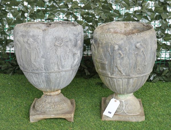 A PAIR OF LEAD GARDEN URNS, RELEIF CAST WITH CLASSICAL FIGURES