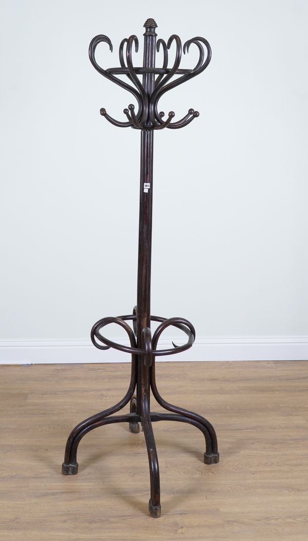 PROBABLY THONET; A MID 20TH CENTURY STAINED BEECH BENTWOOD COAT AND HAT STAND