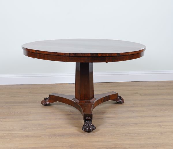 A REGENCY ROSEWOOD CIRCULAR SNAP TOP CENTRE TABLE