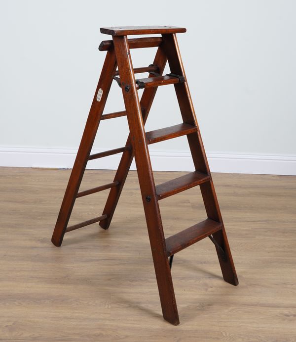 SLINGSBY-STEELHELD; A MAHOGANY FOLDING A FRAME FIVE RUNG STEPLADDER