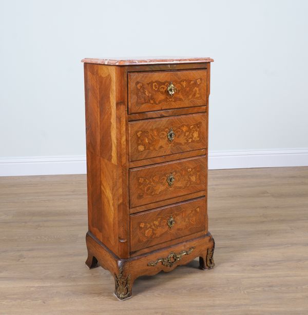 A 19TH CENTURY FRENCH MARBLE TOP, GILT METAL MOUNTED TULIPWOOD AND KINGWOOD  SECRETAIRE CHEST