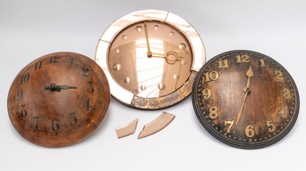 TWO CONVEX OAK WALL CLOCKS AND A GLASS WALL CLOCK (3)