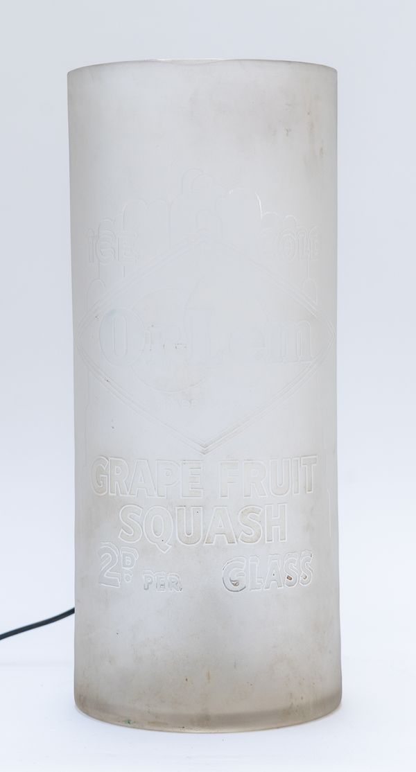 A MID 20TH CENTURY 'OR-LEM' FROSTED GLASS CYLINDRICAL DRINKS DISPENSER CONVERTED TO A LAMP