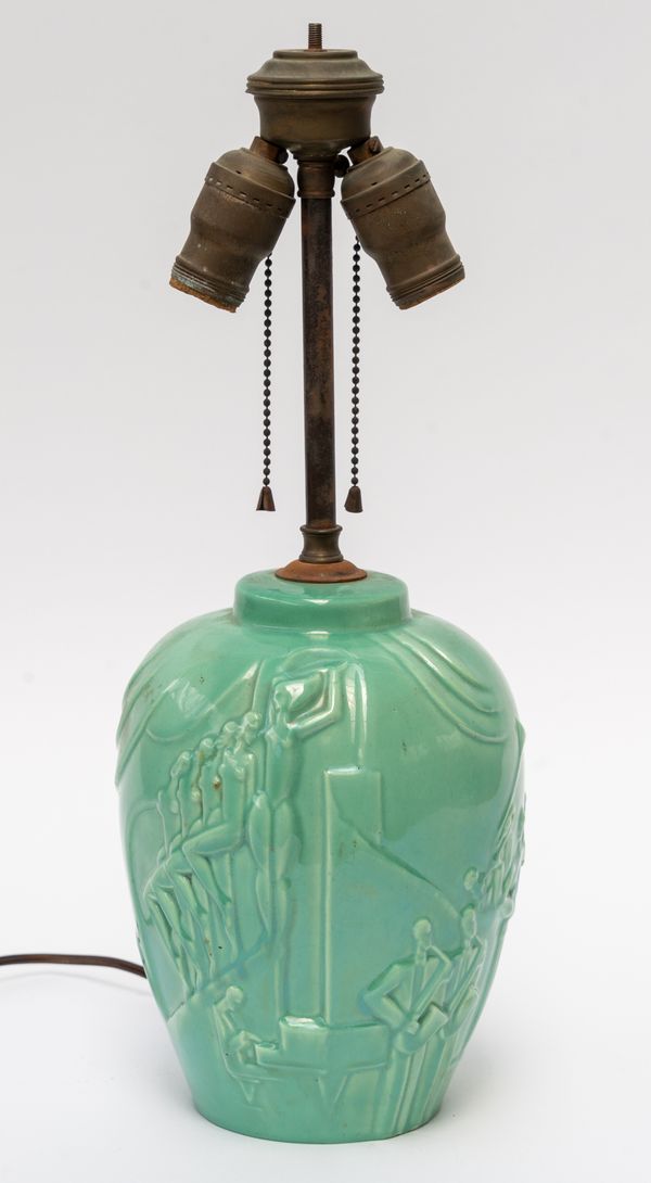 AN ART DECO CELADON GLAZED TABLE LAMP