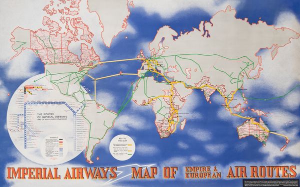 IMPERIAL AIRWAYS / MAP OF EMPIRE & EUROPEAN AIR ROUTES TRAVEL POSTER BY MOHOLY-NAGY (1895-1946), LASZLO