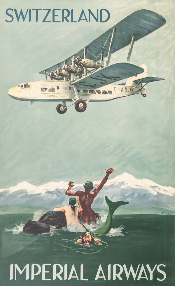 IMPERIAL AIRWAYS, SWITZERLAND, POSTER WITH PLANE AND MERMAIDS