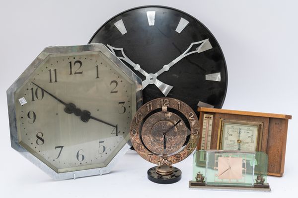 A GROUP OF CLOCKS INCLUDING A SILVER-PLATED CIRCULAR MANEL CLOCK (5)