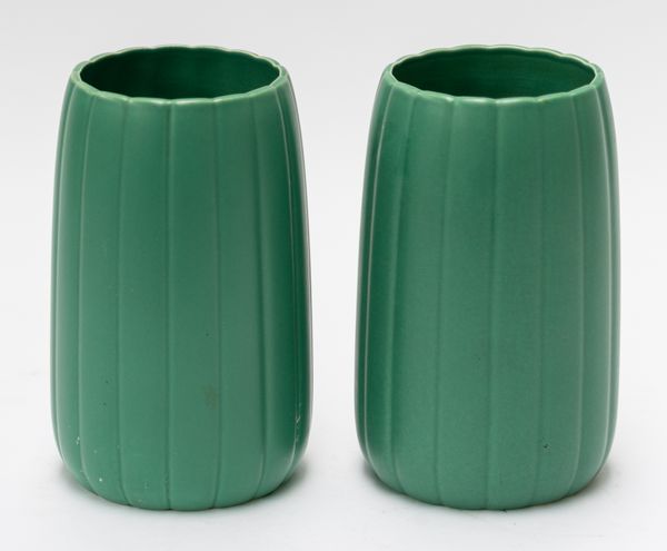 KEITH MURRAY FOR WEDGWOOD: TWO MATT GREEN GLAZED VASES (2)