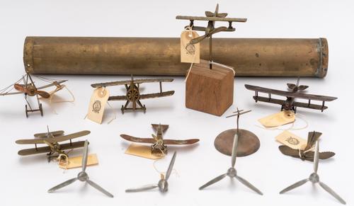 GROUP OF EIGHT BRASS AND COPPER MODEL WAR PLANES INCLUDING FIVE BI-PLANES (8)