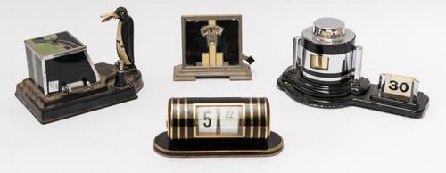 AN ART DECO CHROME PLATED AND BLACK ENAMEL ‘ODEON’ BAROMETER AND TWO PERPETUAL CALENDARS (4)