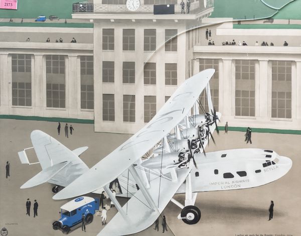 H.S WILLIAMSON (1892-1978): LOADING AIRMAILS FOR THE EMPIRE CROYDON 1934