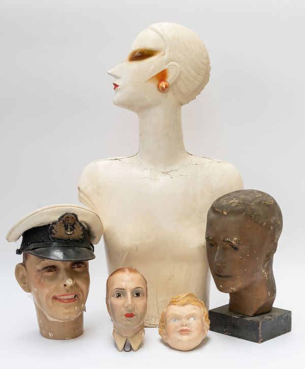 AN ART DECO PLASTER SIDE PROFILE BUST OF A LADY AND FOUR OTHER HEADS (5)