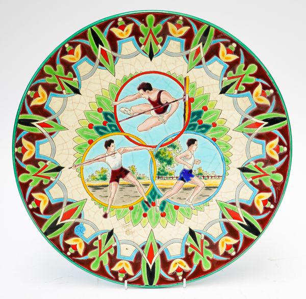 PAUL MIGNON FOR LONGWY, FRANCE: 'ATHLETISME' A FAIENCE CHARGER