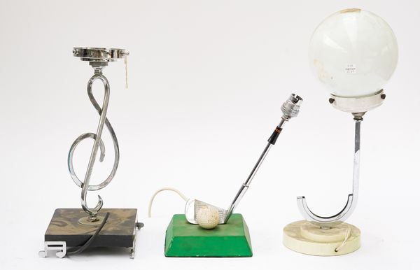 THE FERGUSON SPORTS LAMP: A CHROME PLATED TABLE LAMP MODELLED AS A GOLF CLUB AND BALL (3)