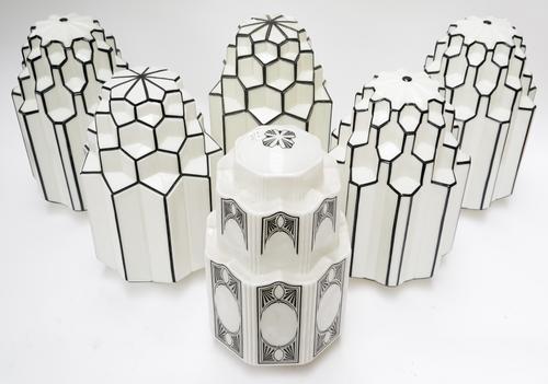 FIVE ART DECO STYLE OPALINE GLASS PENDANT LIGHT SHADES (6)