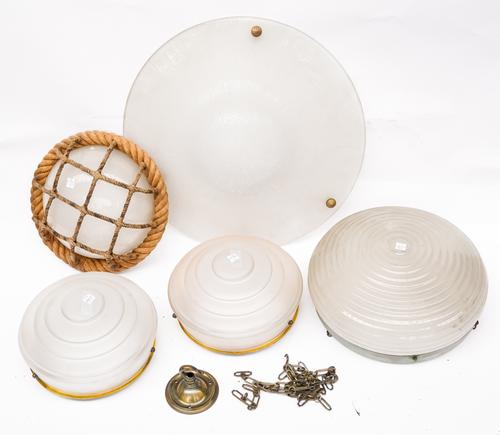 A FROSTED GLASS AND CHROME MOUNTED CEILING LIGHT AND A LARGE DISHED GLASS SHADE, TOGETHER WITH OTHERS (5)