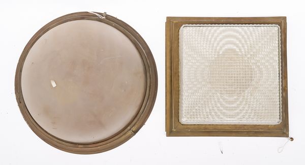 A GILT-METAL MOUNTED FROSTED AND MOULDED GLASS CEILING LIGHT (2)