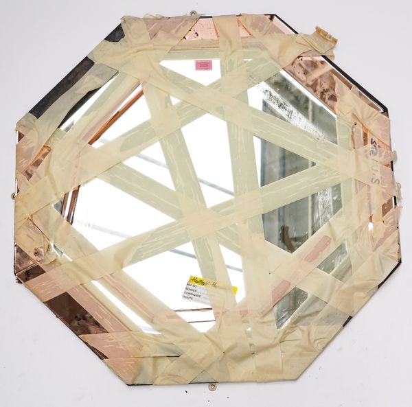 A BLUSH AND CLEAR GLASS OCTAGONAL MIRROR