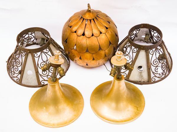 A GILT-METAL FLOWER SHAPED LAMP SHADE AND TWO PAIRS OF SHADES (5)